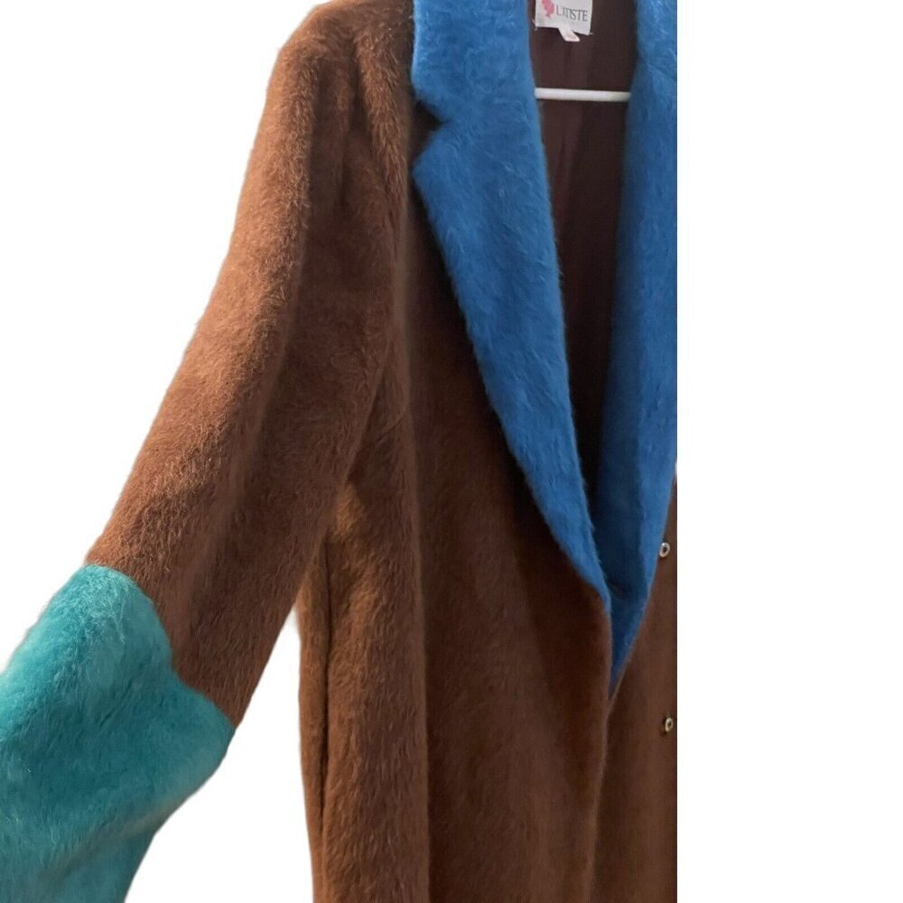 L'atiste By Amy Womens Brown Blue Notch Lapel Double Breasted Coat Size L - Picture 2 of 7